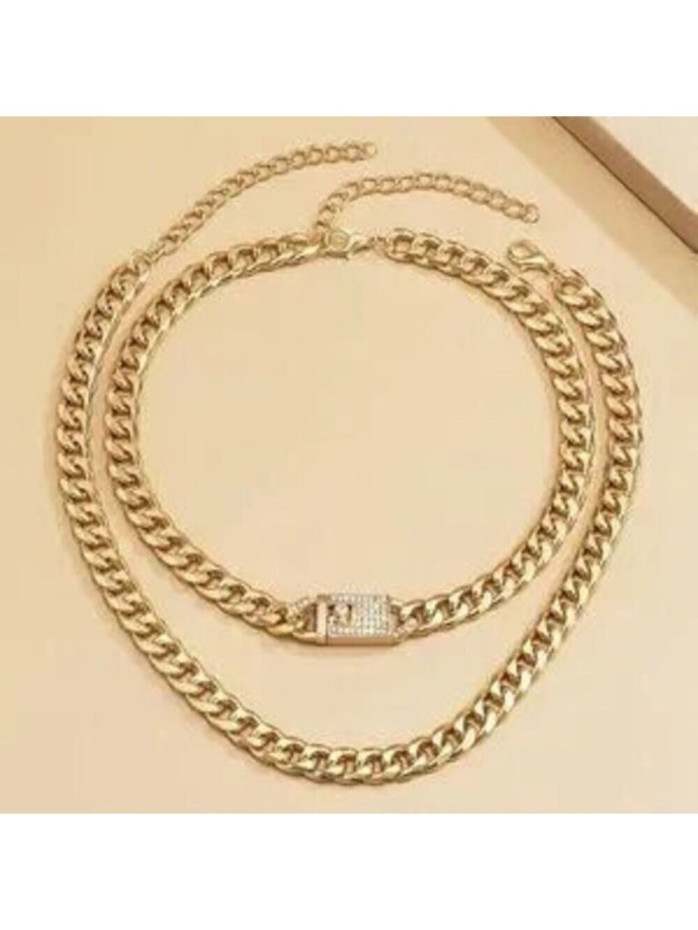 Gold Cuban 2pc Chain Necklace with Crystal Statement Necklace Gift Dainty